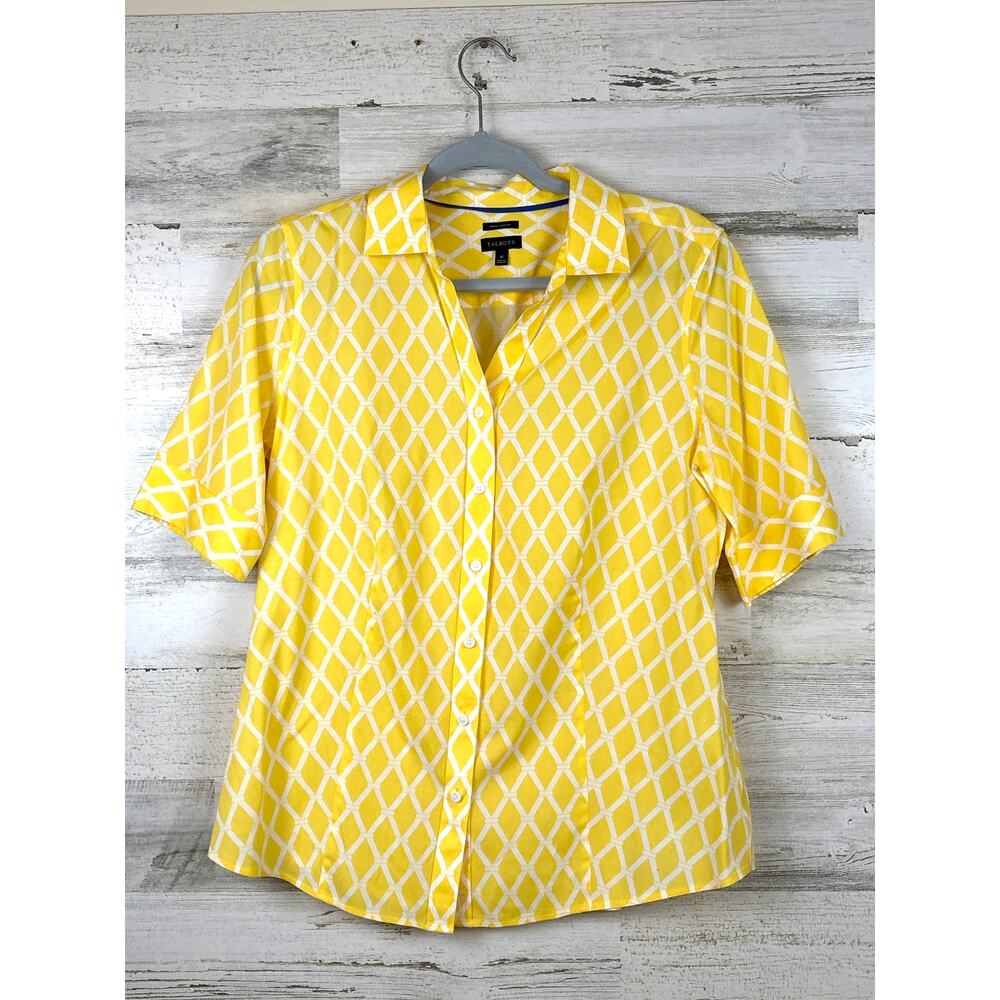 Talbots Womens 10 Yellow White Wrinkle Free Diamond Short Sleeve Summer Blouse